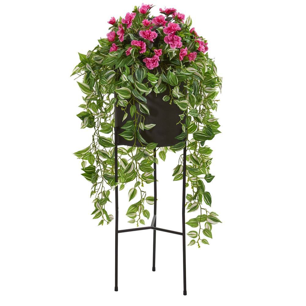4"  Azalea and Wandering Jew Artificial Plant in Stand Black Planter