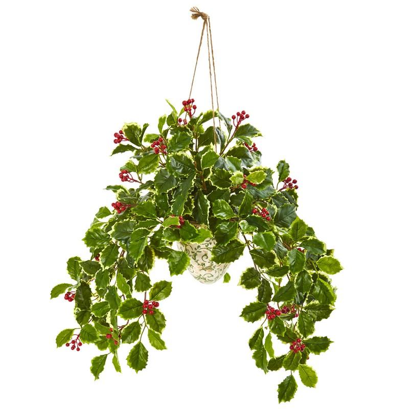 30"  Variegated Holly Berry Artificial Plant in Hanging Vase (Real Touch)