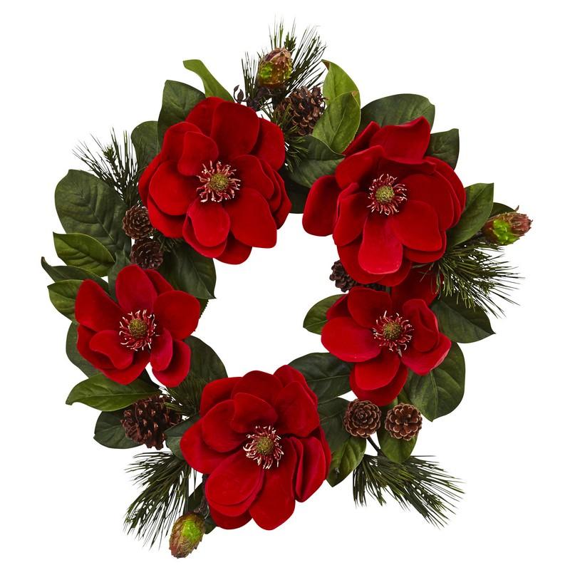 24"  Red Magnolia & Pine Wreath