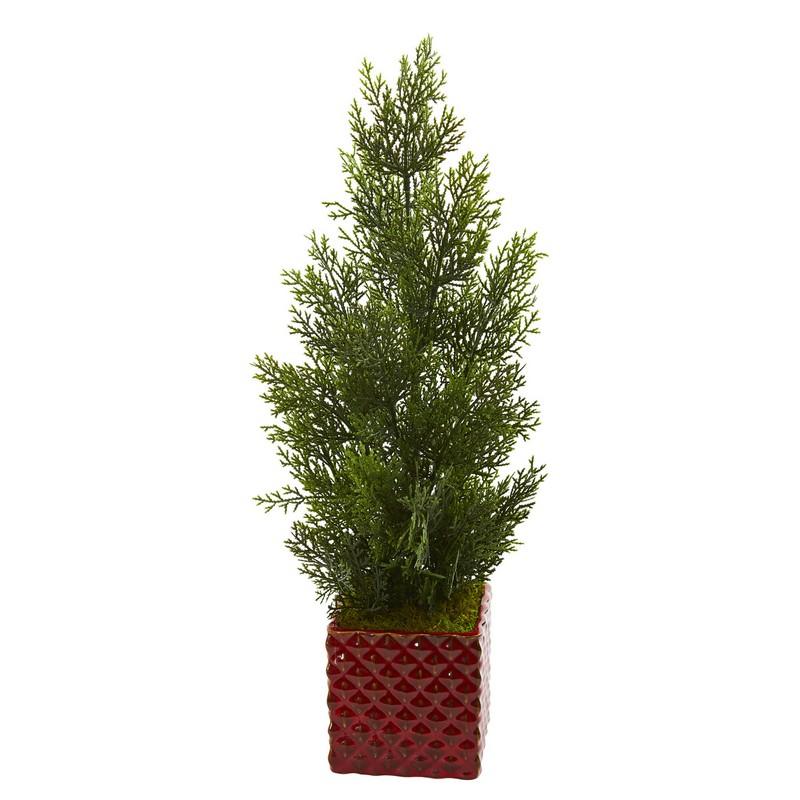25"  Mini Cedar Pine Artificial Tree in Red Planter (Indoor/Outdoor)