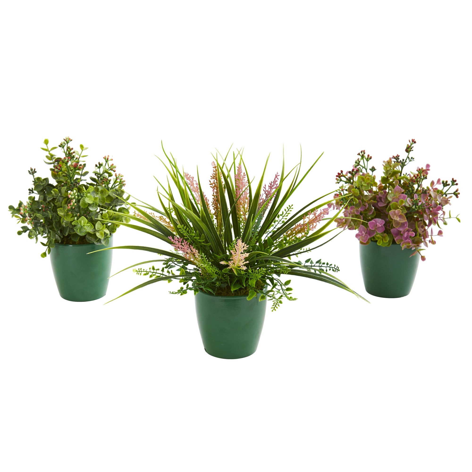 Eucalyptus, Grass and Sedum Artificial Plant in Green Planter (Set of 3)