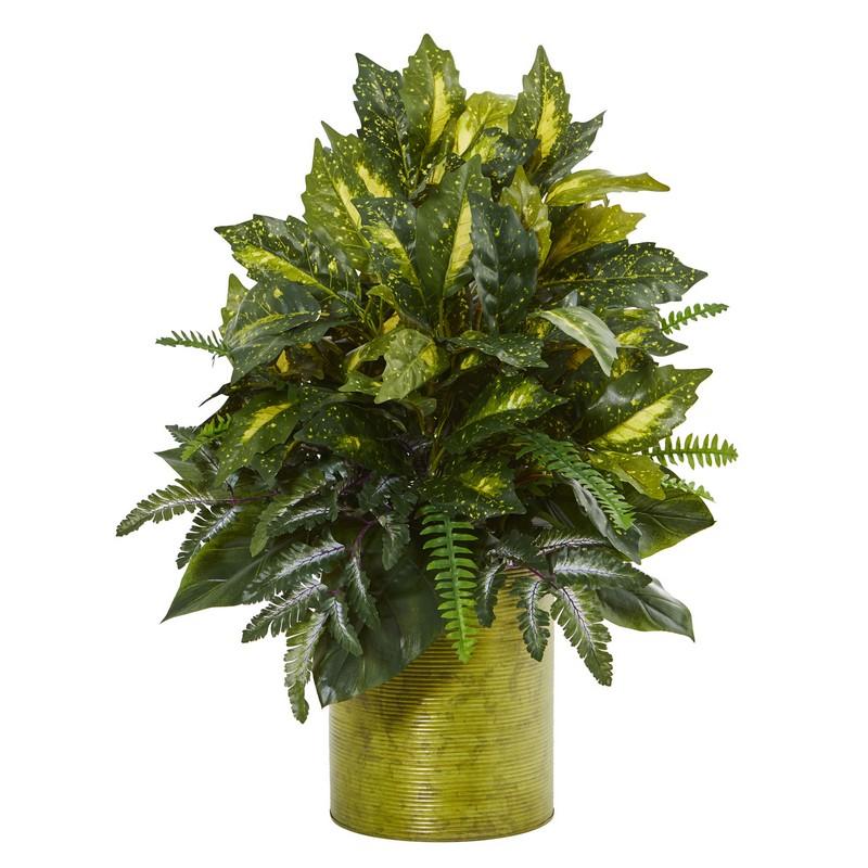28" Mixed Greens Artificial Plant in Green Tin Planter
