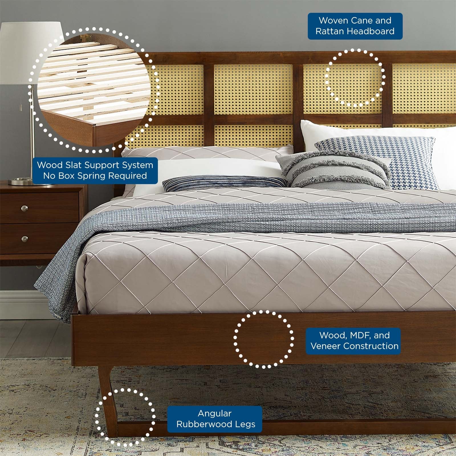 Sidney Cane and Wood Queen Platform Bed With Angular Legs by Modway