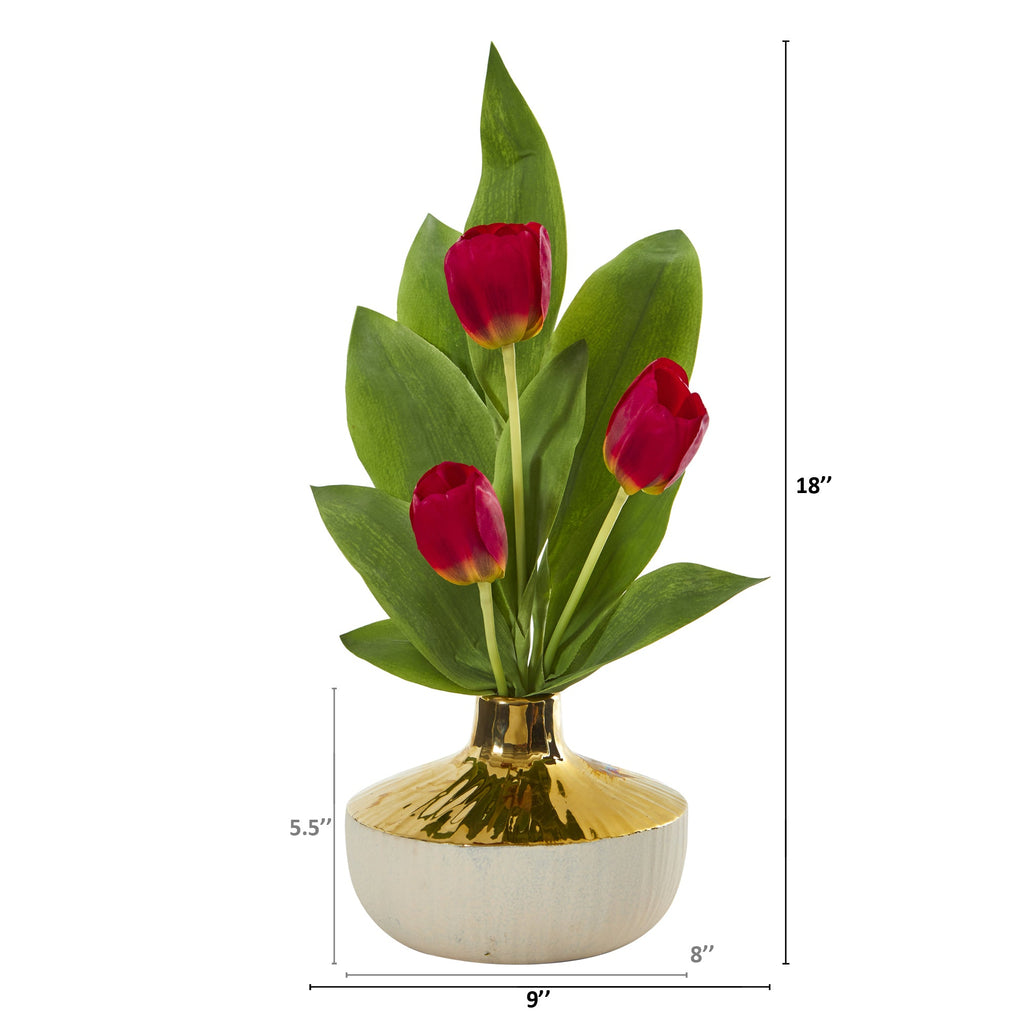 18" Tulip Artificial Arrangement in Gold and Cream Elegant Vase