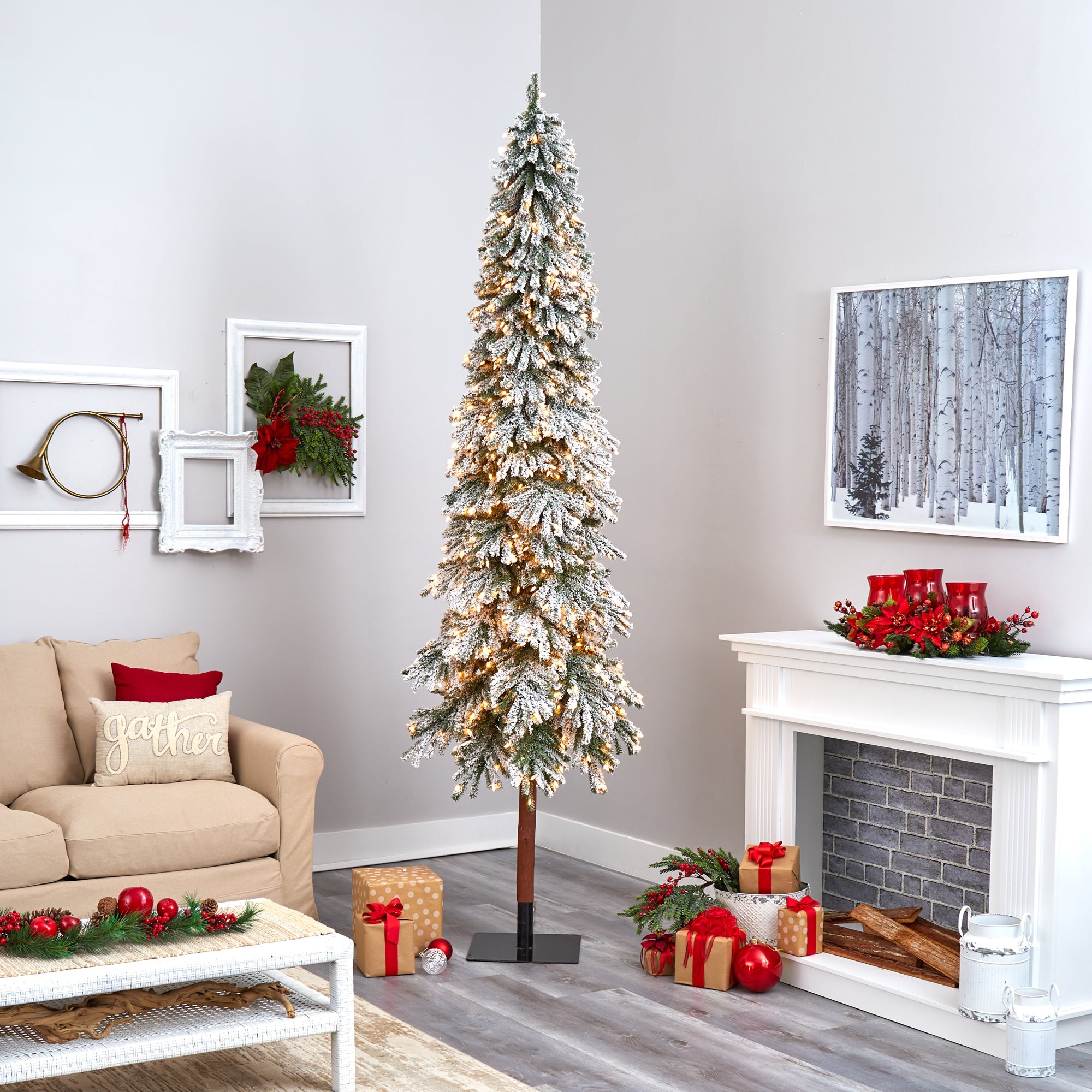 9' Flocked Gr& Alpine Artificial Christmas Tree w/ 600 Clear Lights