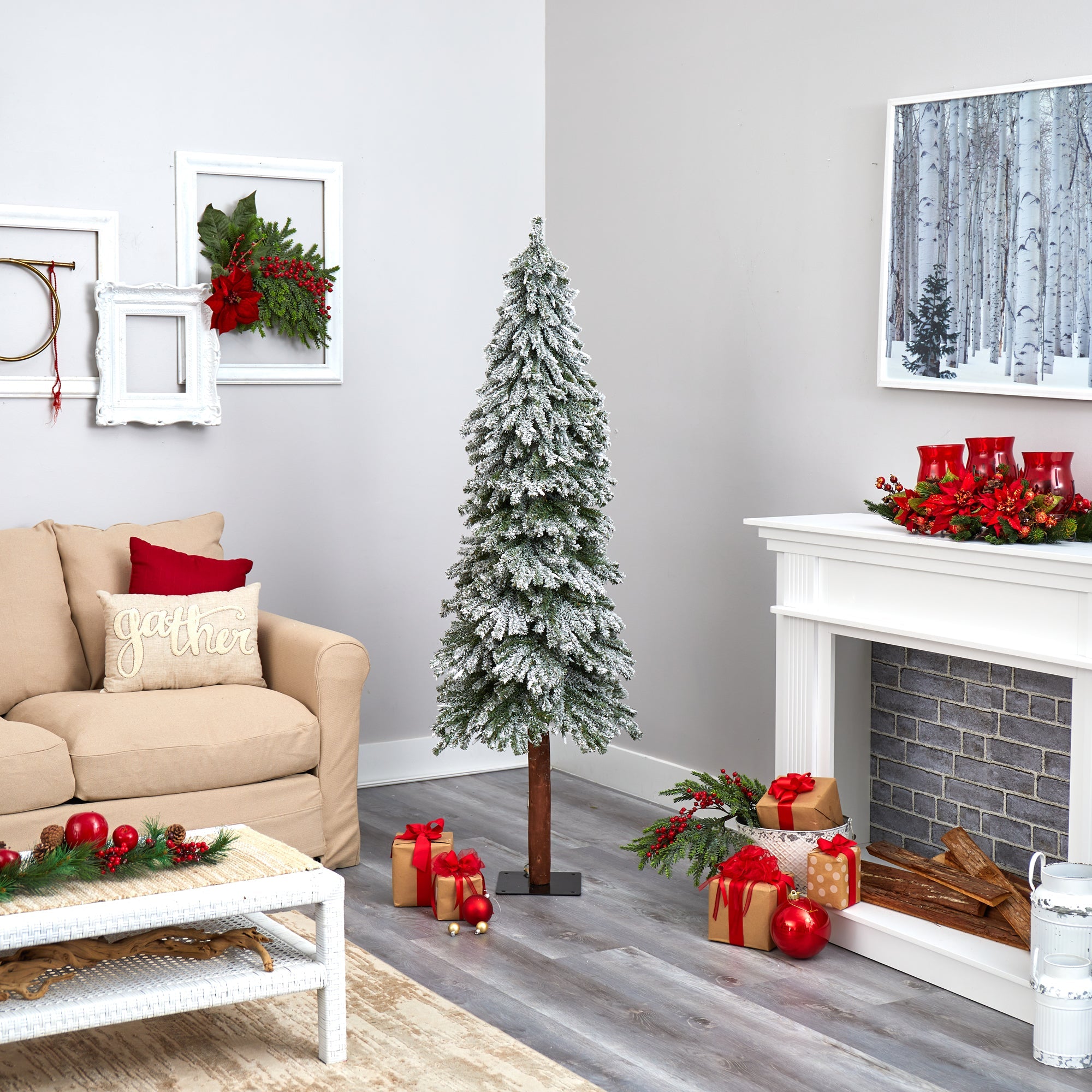 6' Flocked Gr& Alpine Artificial Christmas Tree w/ 300 Clear Lights