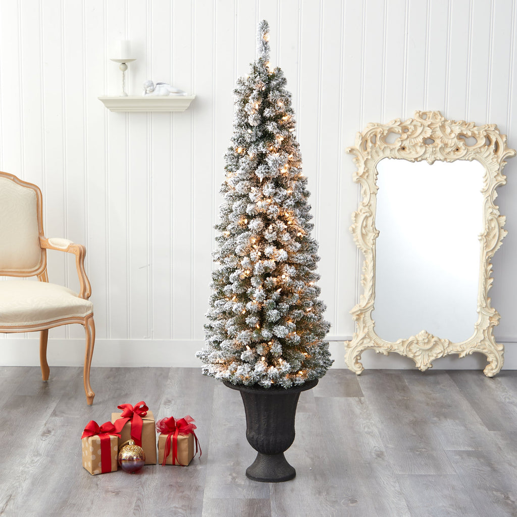 62' Flocked Pencil Artificial Christmas Tree w/ 200 Clear Lights