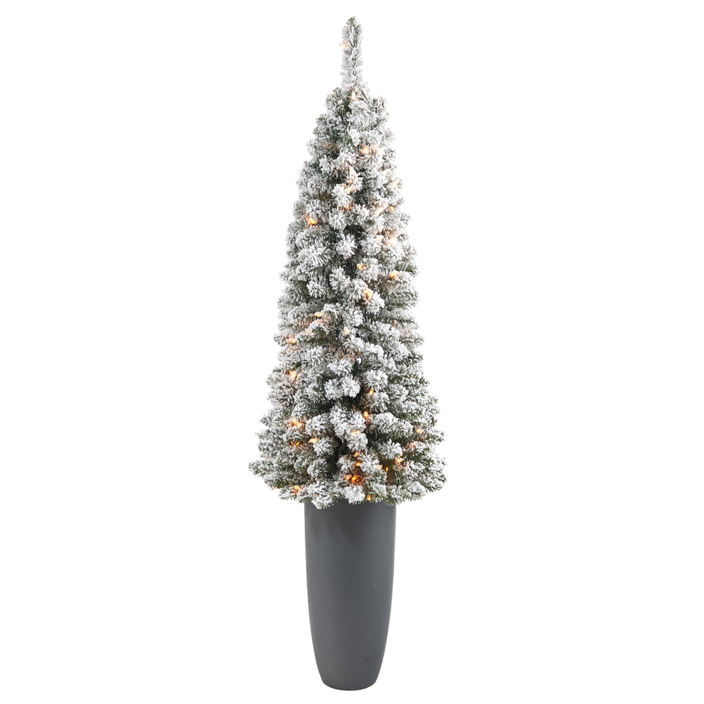 56' Flocked Pencil Artificial Christmas Tree w/ 100 Clear Lights & 216 Bendable