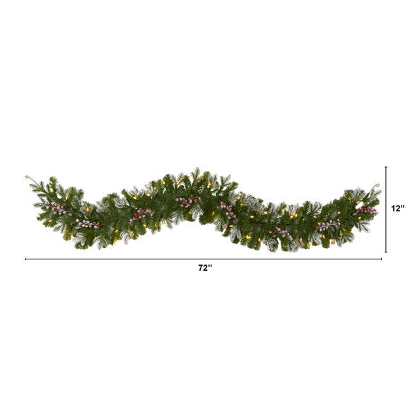 6' Snow Tipped Artificial Christmas Garland w/50 Warm White LED Lights,Berries