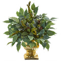 15"  Royal Ficus and Fittonia Artificial Plant in Gold Urn