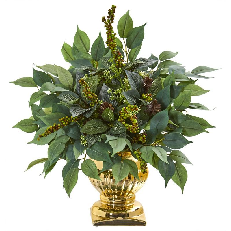 15"  Royal Ficus and Fittonia Artificial Plant in Gold Urn