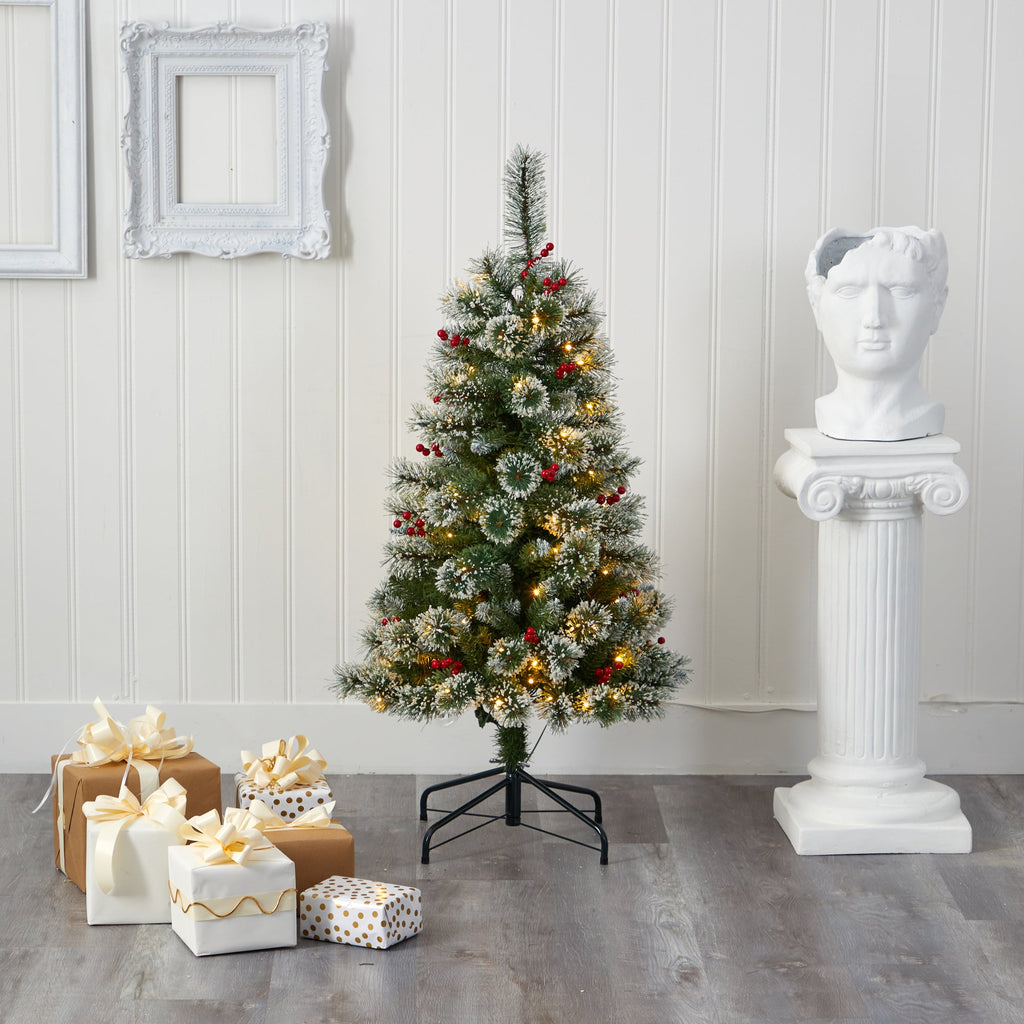 4' Frosted Swiss Pine Artificial Christmas Tree w/ 100 Clear LED Lights & Berrie