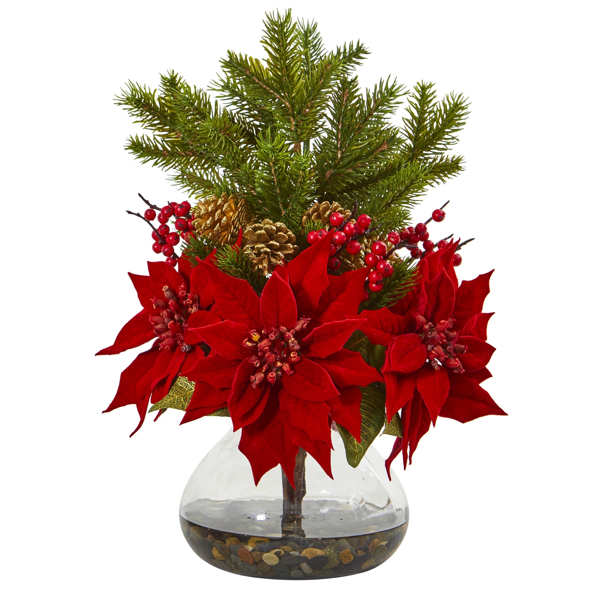 Poinsettia, Berry and Pine Artificial Arrangement in Vase