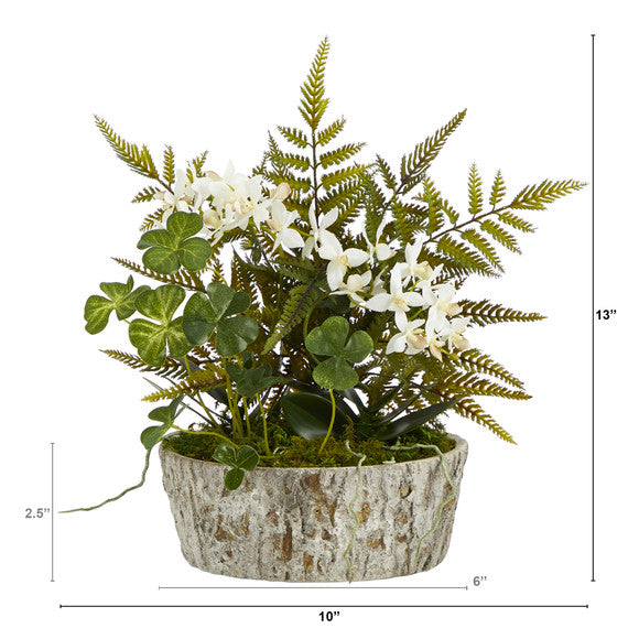 13" Orchid Phalaenopsis, Clover and Fern Artificial Plant