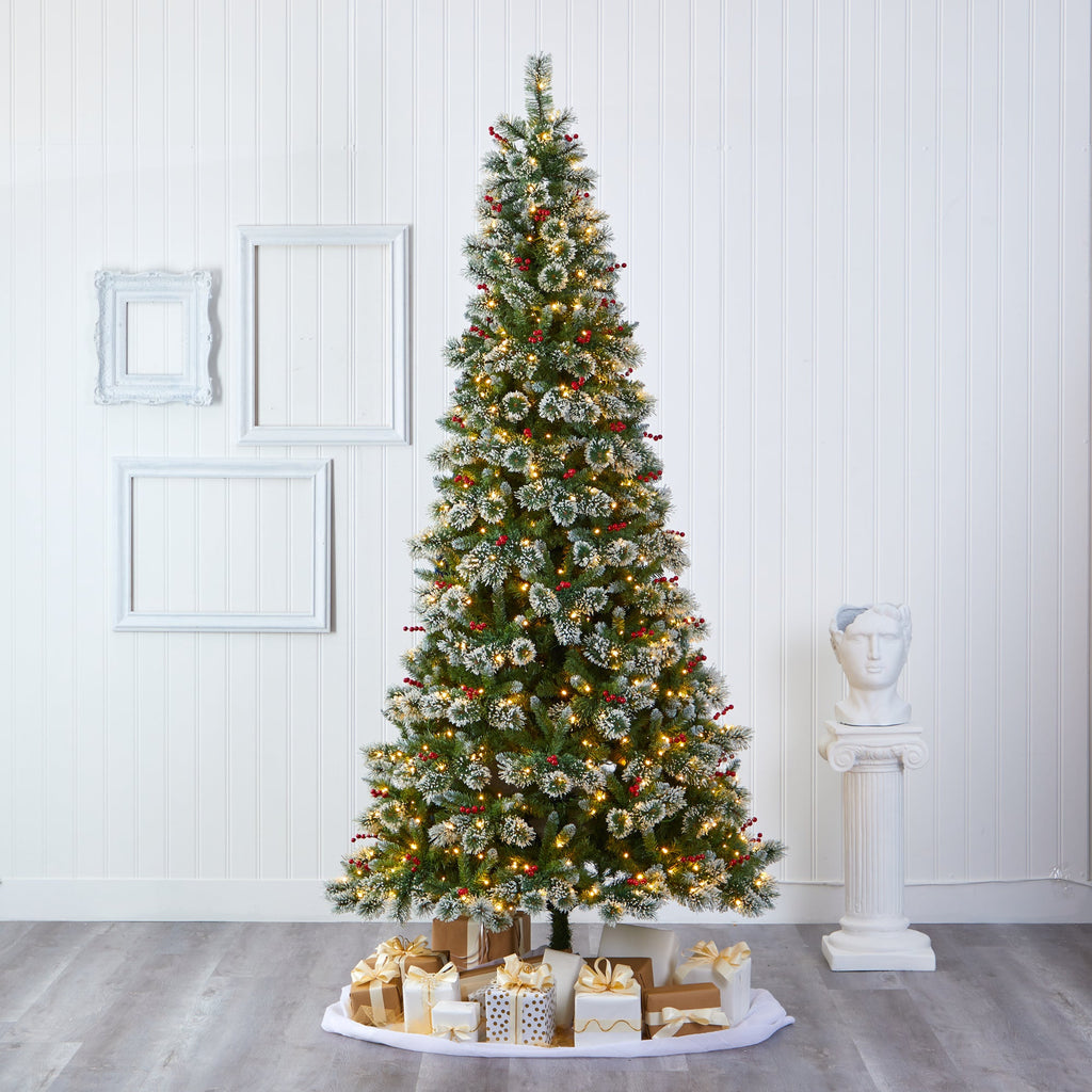 9' Frosted Swiss Pine Artificial Christmas Tree w/ 700 Clear LED Lights & Berrie
