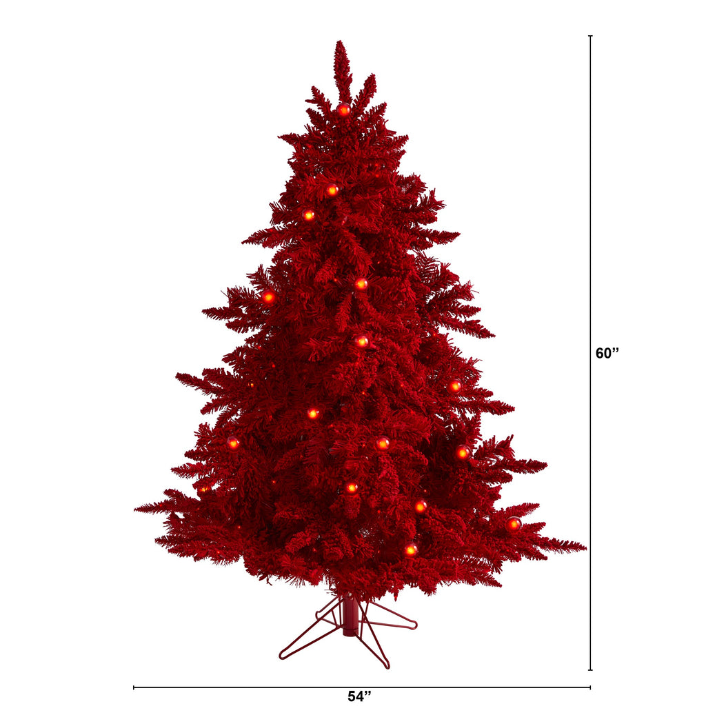 5' Red Flocked Fraser Fir Artificial Christmas Tree w/ 250 Red Lights