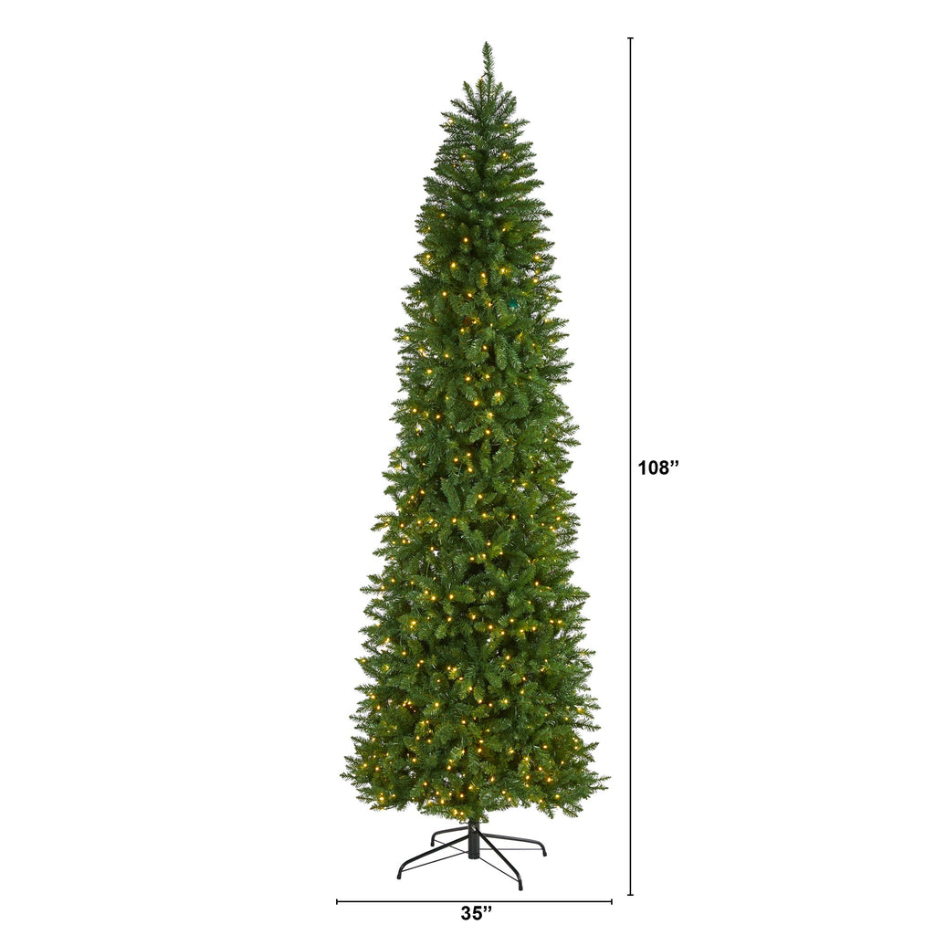 9' Slim Green Mountain Pine Artificial Christmas Tree with 600 Clear LED Lights