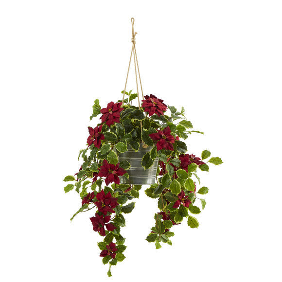 3.5' Poinsettia and Variegated Holly Artificial Plant in Hanging Metal Bucket