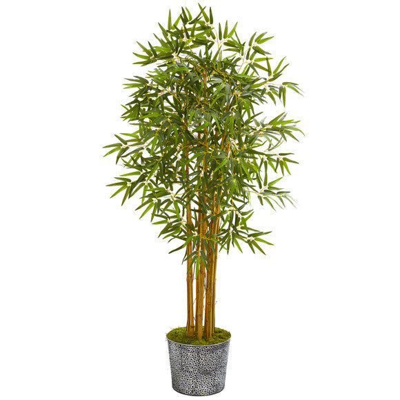 5' Bamboo Artificial Tree in Black Embossed Tin Planter