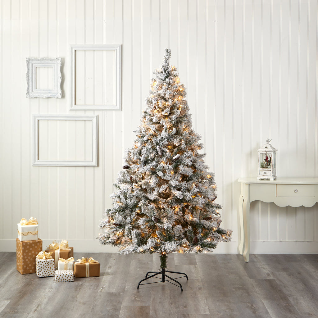 7' Flocked White River Mountain Pine Artificial Christmas Tree w/ Pinecones