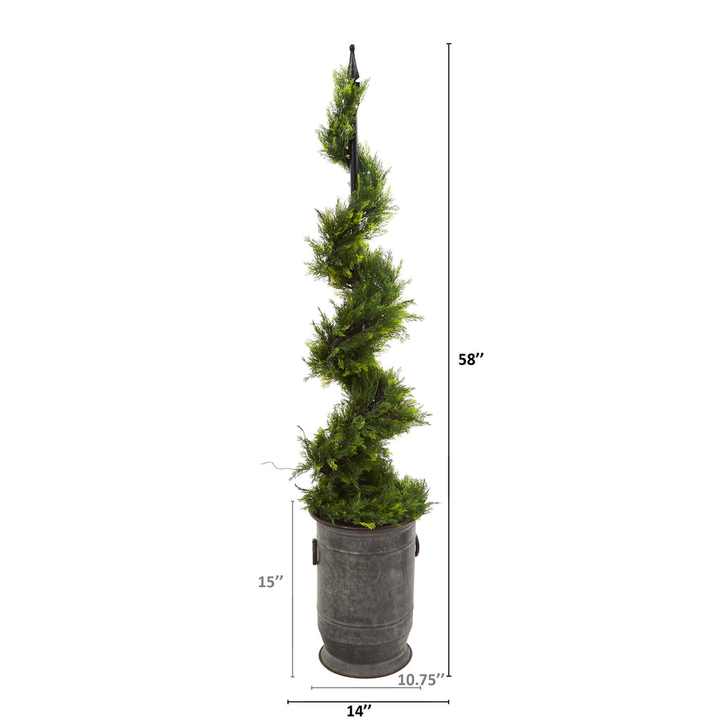 58" Cypress Artificial Spiral Topiary Tree in Vintage Metal Planter