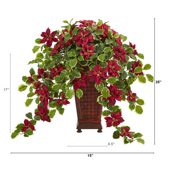25" Poinsettia and Variegated Holly Artificial Plant in Planter (Real Touch)
