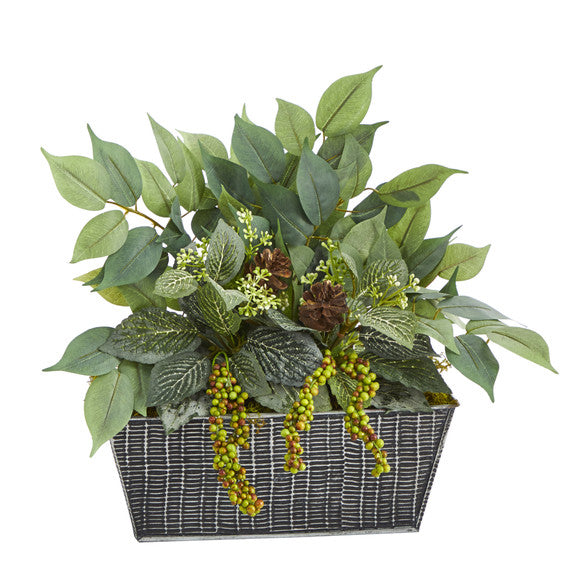 14" Mixed Ficus and Fittonia Artificial Plant in Embossed Tin Planter