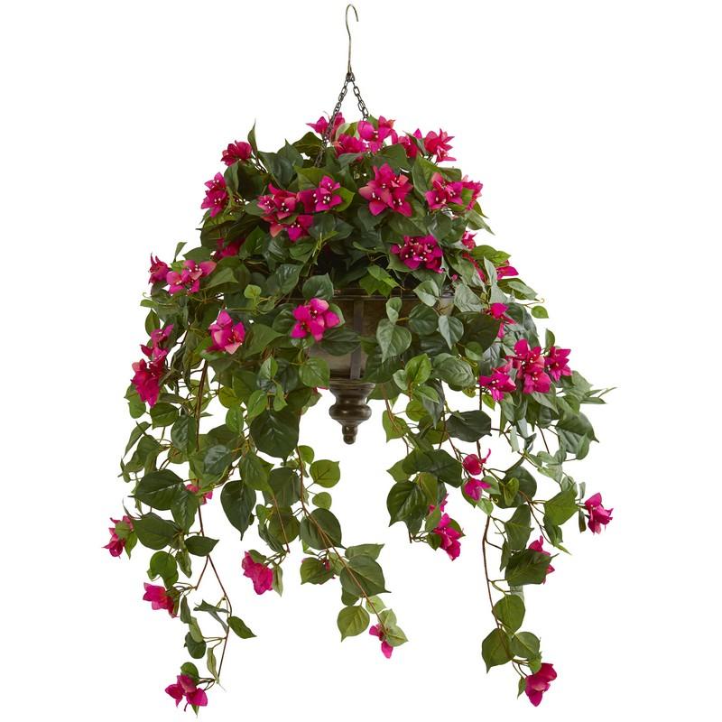 37"  Bougainvillea Artificial Plant in Hanging Metal Bowl