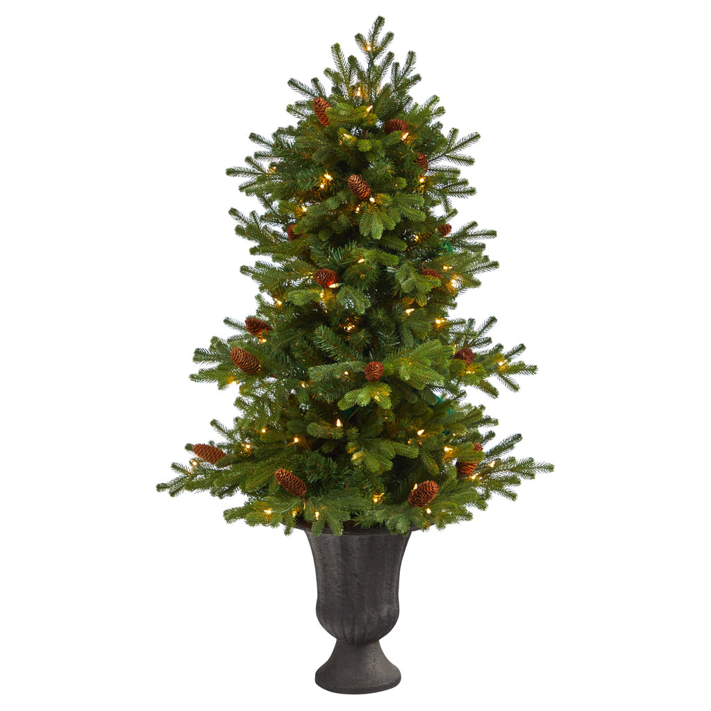 4.5' Yukon Mountain Fir Artificial Christmas Tree w/ 100 Clear Lights, Pine Cone
