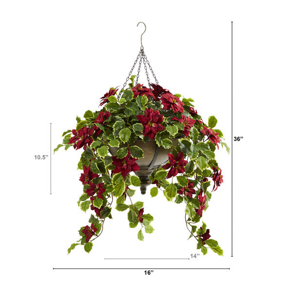 3' Poinsettia and Variegated Holly Artificial Plant in Metal Hanging Bowl