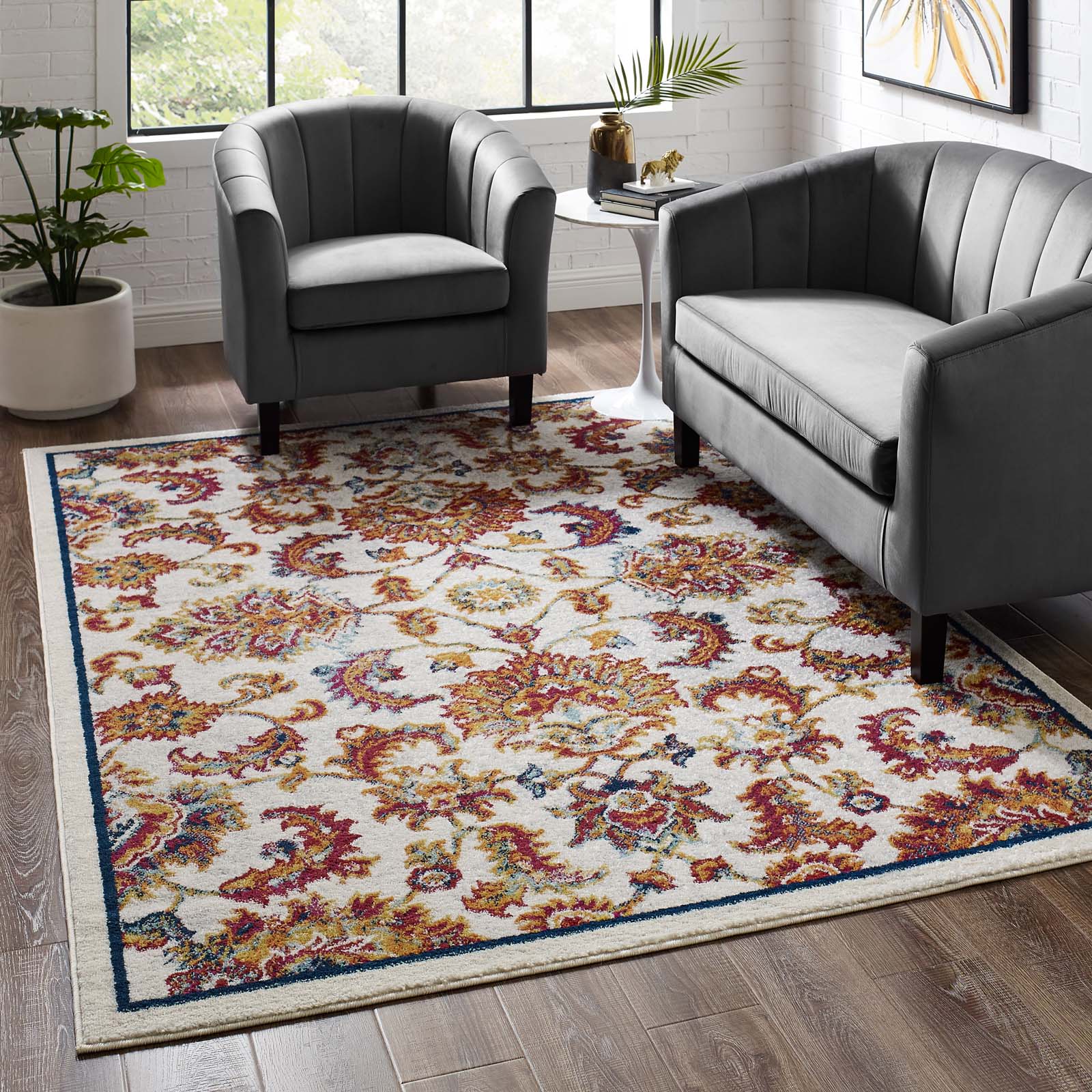 Entourage Azami Distressed Vintage Floral Lattice 5x8 Area Rug by Modway