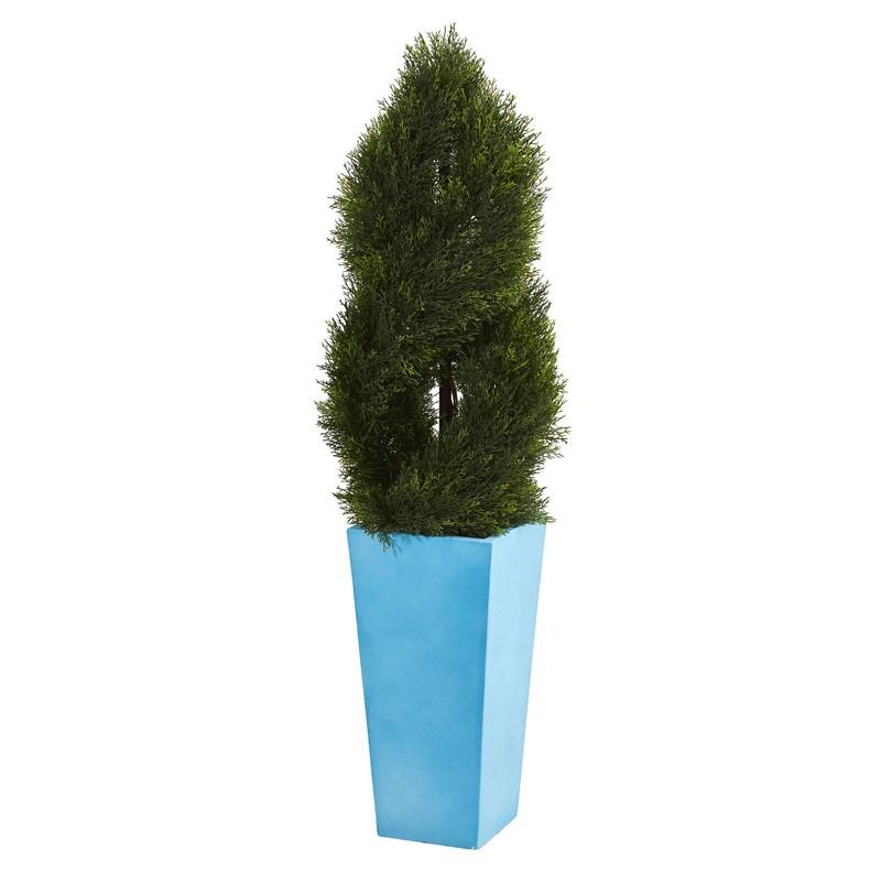 4.5' Double Pond Cypress Spiral Artificial Tree in Turquoise Planter