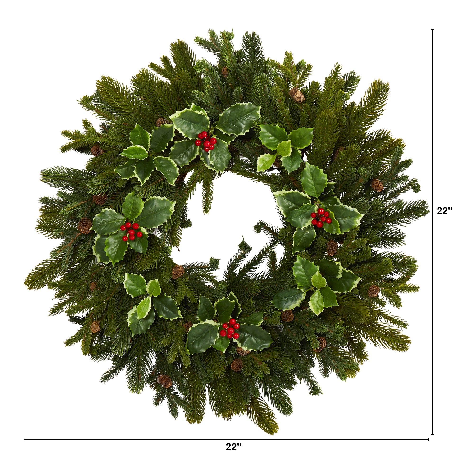 22" Pine, Pinecone and Variegated Holly Leaf Artificial Wreath