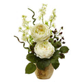 Large Rose and Dancing Daisy in Wooden Pot
