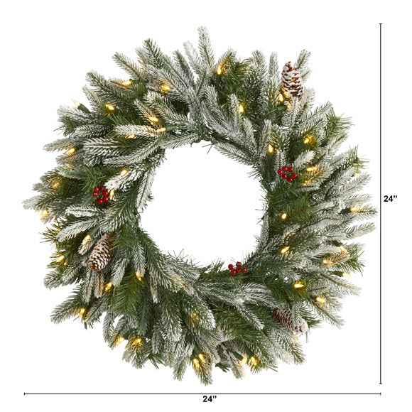 24" Snowed Artificial Christmas Wreath w/50 Warm White LED Lights and Pine Cone