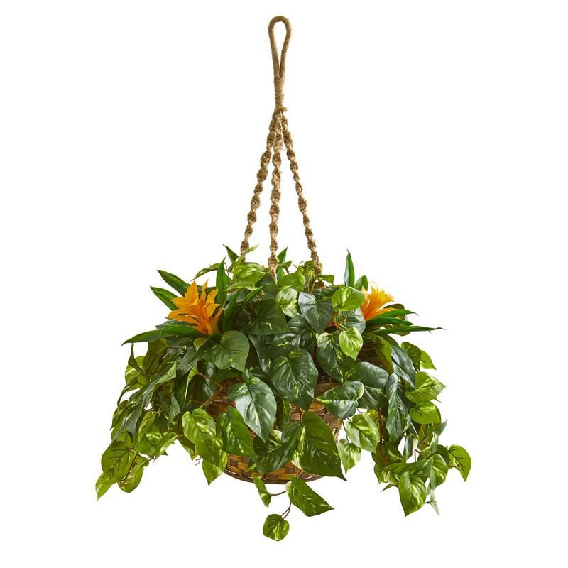 31"  Bromeliad & Pothos Artificial Plant in Hanging Basket