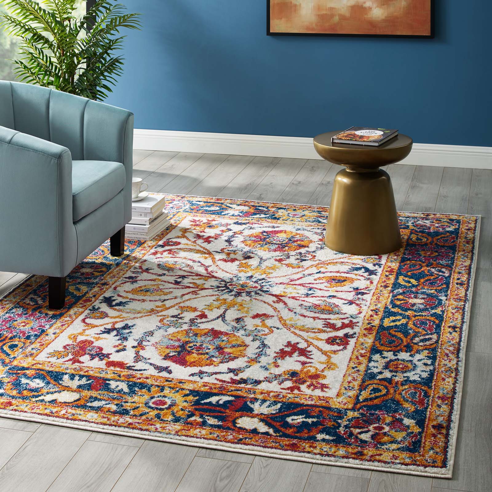 Entourage Samira Distressed Vintage Floral Vintage Medallion 5x8 Area Rug by Modway