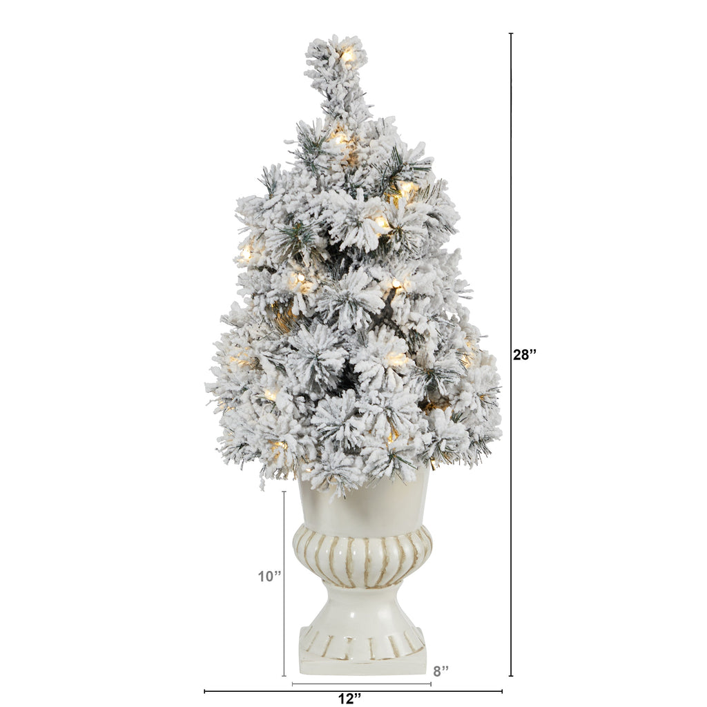 28' Flocked Artificial Christmas Tree with 30 Clear LED Lights in White Urn