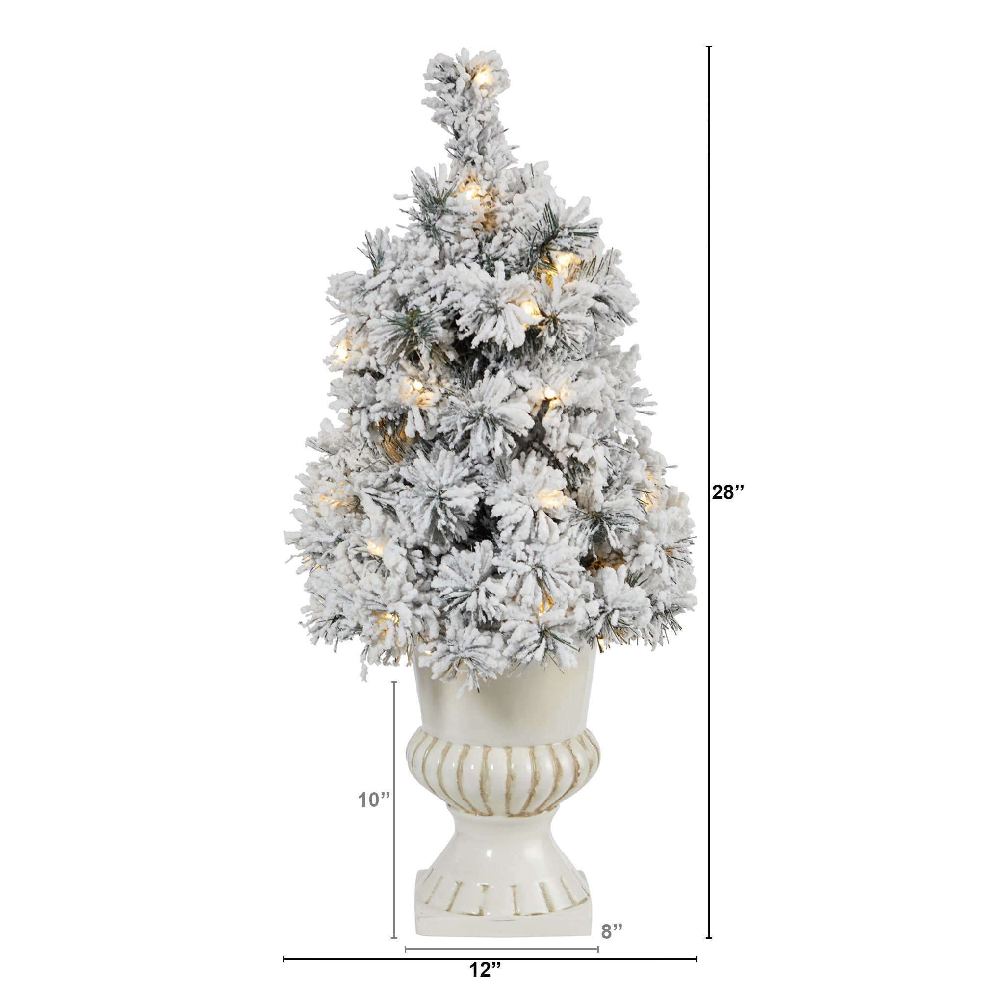 28' Flocked Artificial Christmas Tree with 30 Clear LED Lights in White Urn