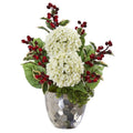 19"  Hydrangea and Holly Berry Artificial Arrangement in Silver Bowl
