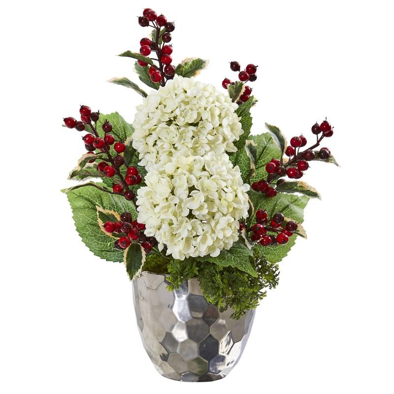19"  Hydrangea and Holly Berry Artificial Arrangement in Silver Bowl
