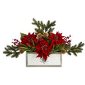 28" Poinsettia and Cactus Artificial Arrangement in Decorative Wood Vase