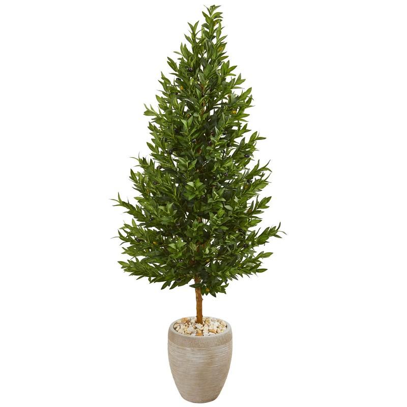 62"  Olive Cone Topiary Artificial Tree in Sand Colored Planter UV Resistant