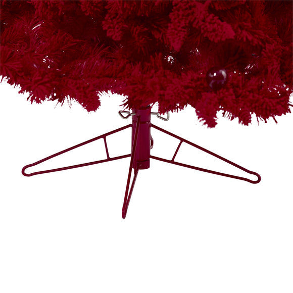 7' Red Flocked Fraser Fir Artificial Christmas Tree with 500 Red Lights