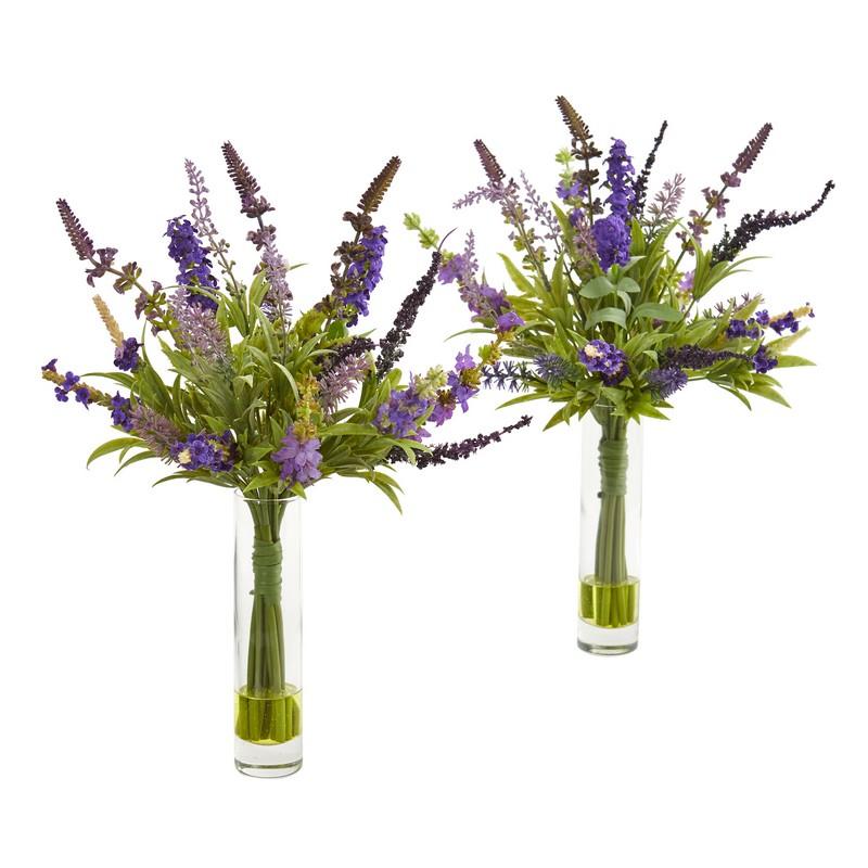 15"  Lavender Artificial Arrangement in Glass Vase (Set of 2)