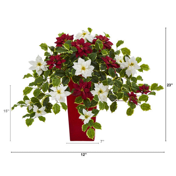 23" Poinsettia and Variegated Holly Artificial Plant in Decorative Planter