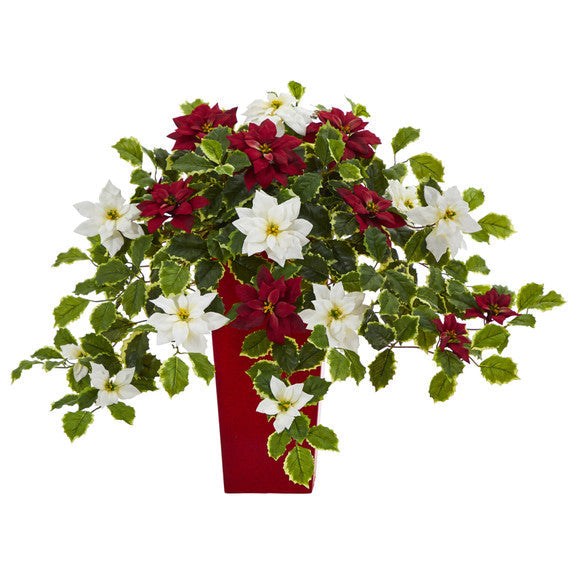 23" Poinsettia and Variegated Holly Artificial Plant in Decorative Planter