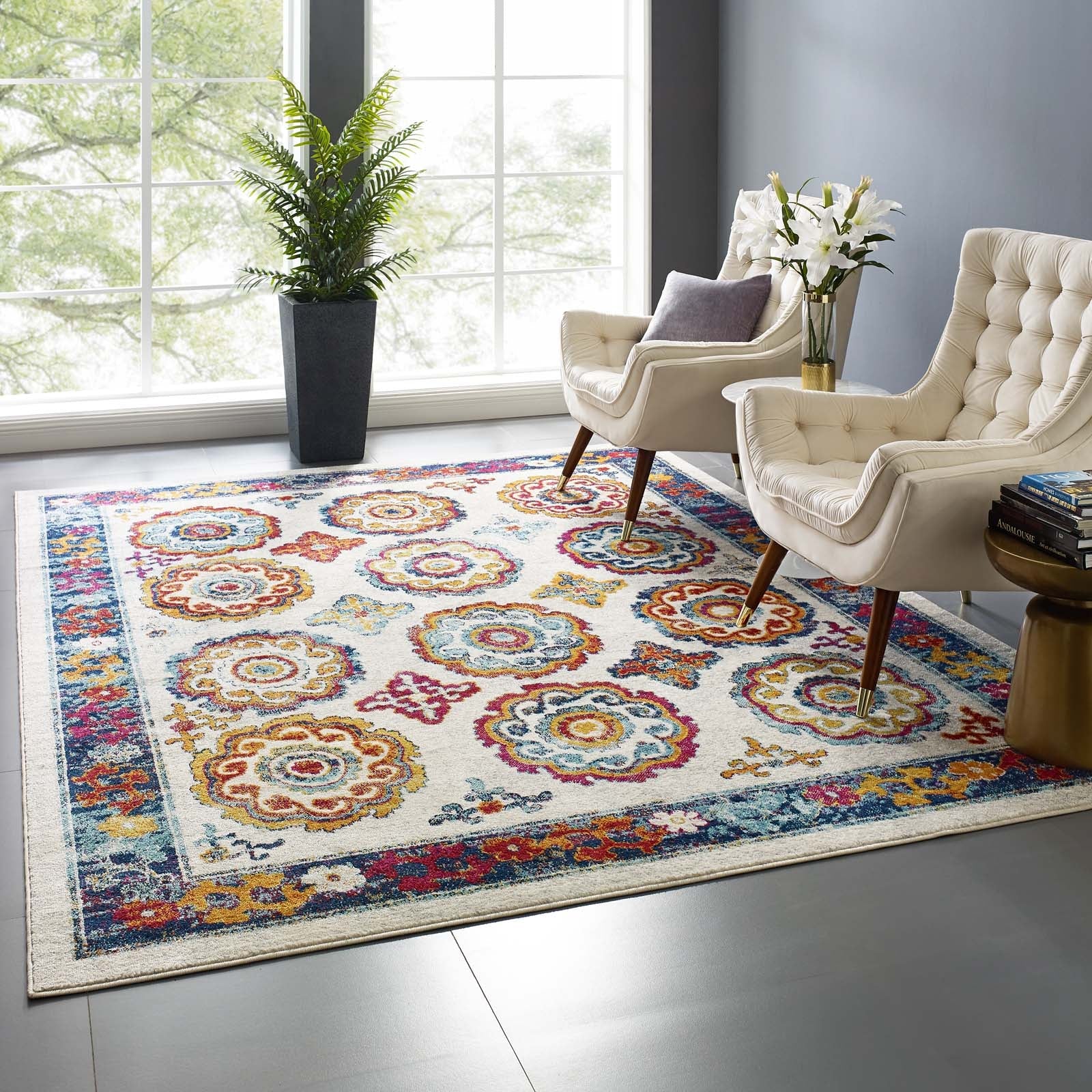 Entourage Odile Distressed Floral Moroccan Trellis 8x10 Area Rug by Modway