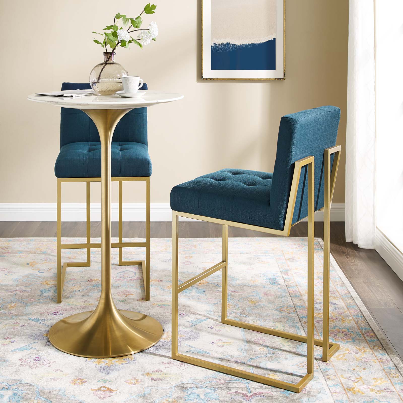 Privy Gold Stainless Steel Upholstered Fabric Bar Stool Set of 2 by Modway