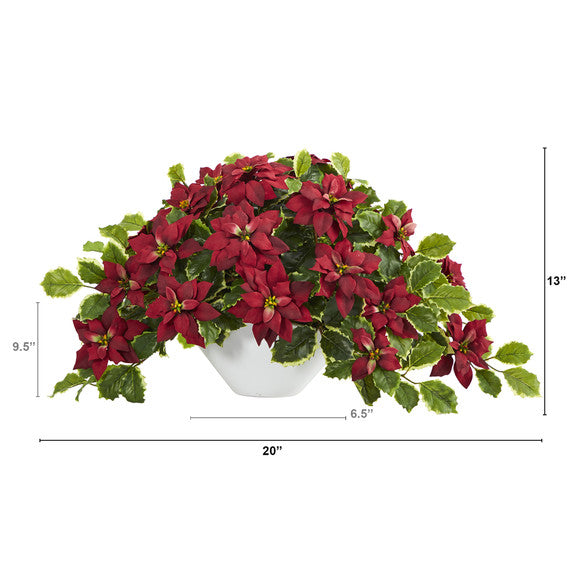 20" Poinsettia and Variegated Holly Artificial Plant in Oval White Planter